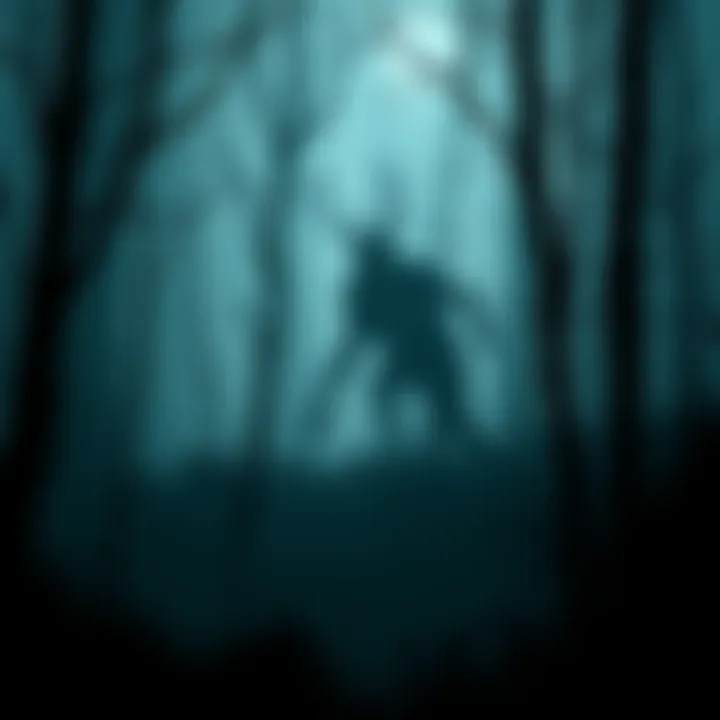 A shadowy figure resembling a Wendigo emerges from the dark trees, surrounded by eerie fog, hinting at a terrifying presence in the Appalachian Mountains.