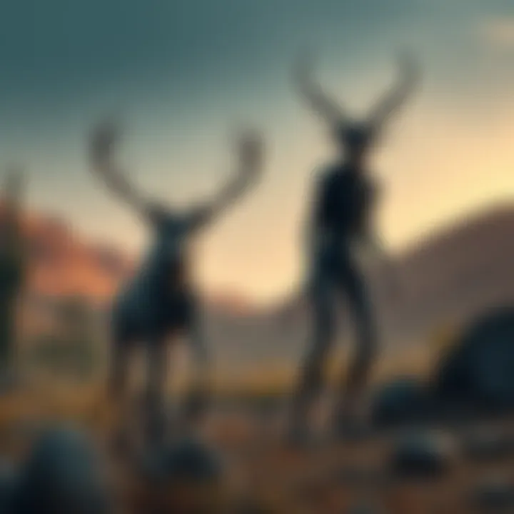A graphic showing a wendigo with antlers in a forest next to a skinwalker in a desert setting, highlighting their differences