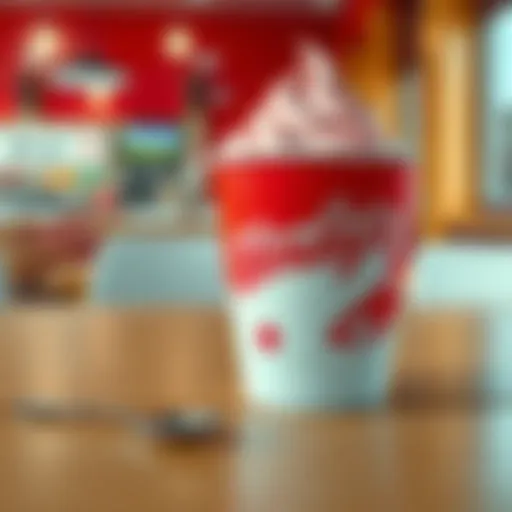 A classic Wendy's Frosty cup on a wooden table with a spoon beside it