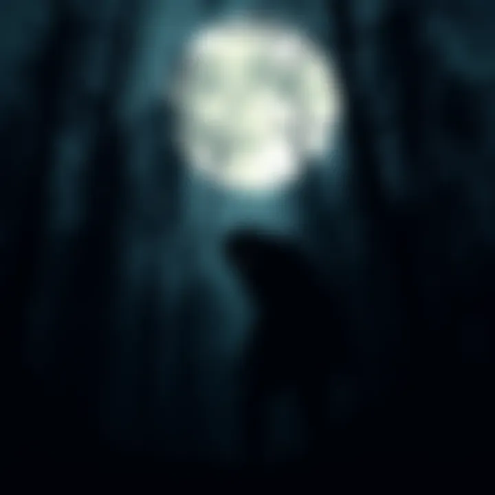 A dark figure resembling a werewolf stands among dense trees under a full moon, with glowing eyes looking towards the viewer.