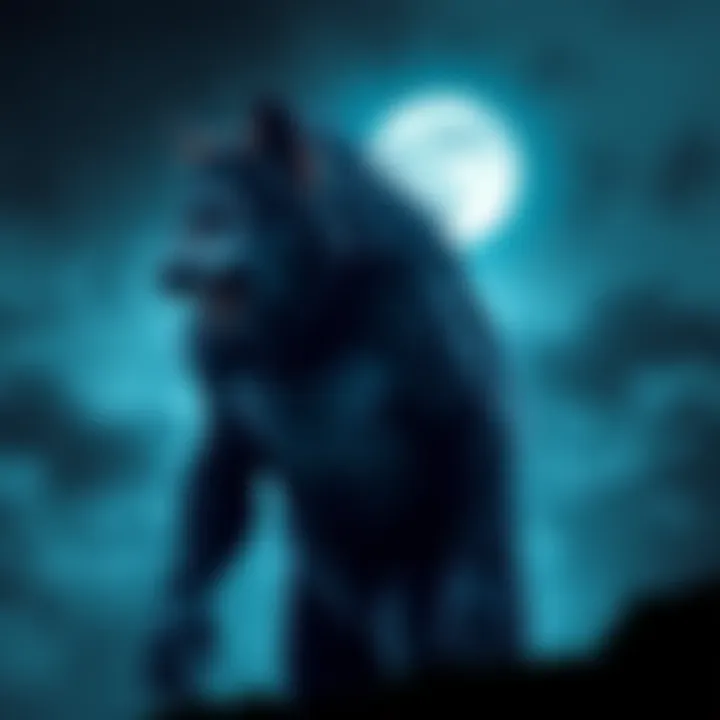 A werewolf hybrid standing under a full moon, showing a mix of human and wolf features, with fur and human-like posture.