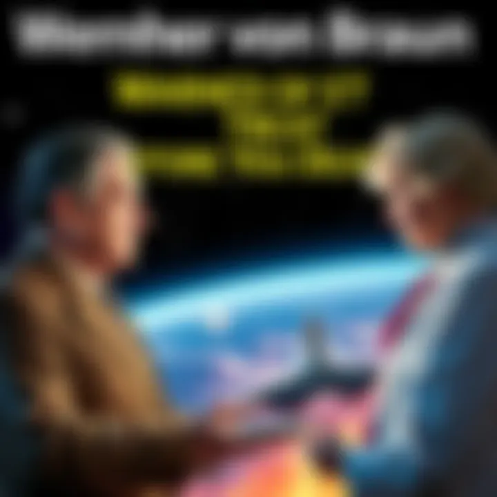 Wernher von Braun discussing space technology with Dr. Carol Rosin, stars in the background