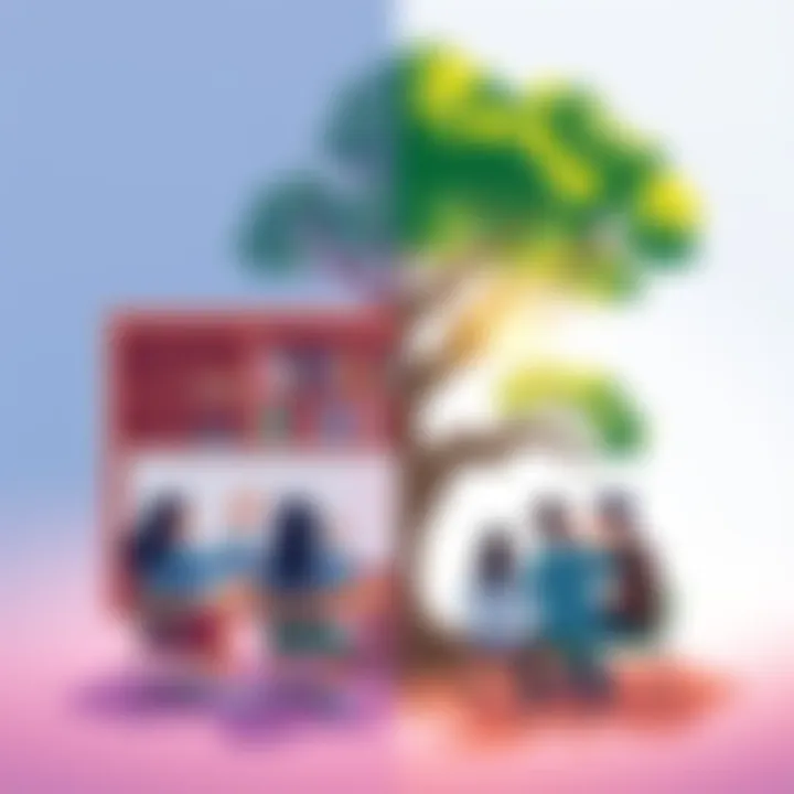 An illustration showing a split image: on the left, a structured classroom with students learning hierarchically; on the right, a group of people engaging in a discussion under a tree, emphasizing holistic understanding.