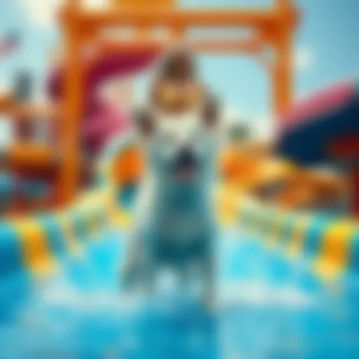 A wet white dog standing on a water slide with splashes around, set in a colorful water park scene, with a giant woman in the background