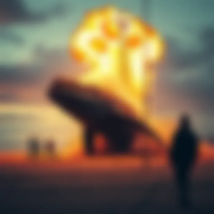 Dramatic scene of a sperm whale carcass being blown up with dynamite on a beach in Florence, Oregon, with debris flying in the air and onlookers watching from a distance.
