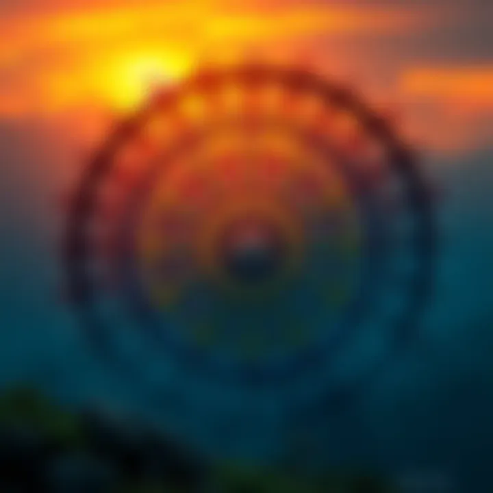 A colorful, circular Wheel of Samsara illustrating the cycle of desire and dissatisfaction, surrounded by nature to emphasize living in the present.