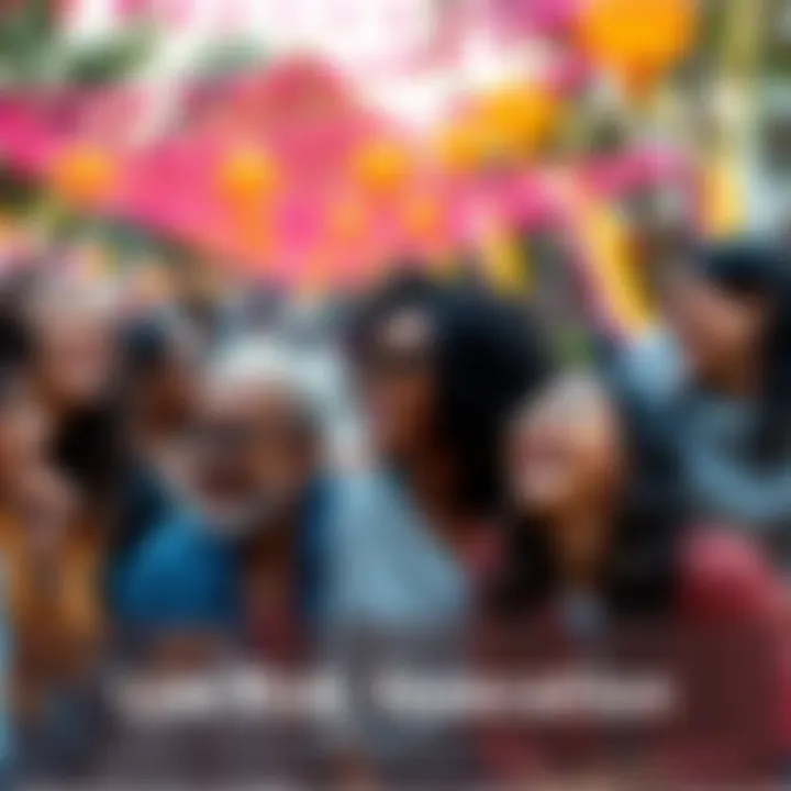 A diverse group of people laughing and sharing joyful moments in a park setting, surrounded by colorful decorations that evoke a sense of whimsy and excitement.