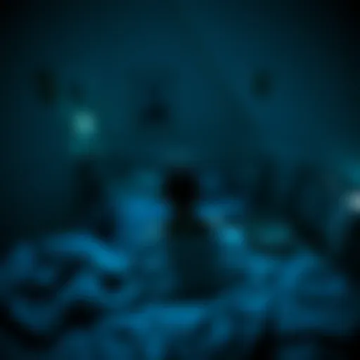 A person sitting up in bed, looking concerned as they hear whispers in an empty house during the night, with a dimly lit room and shadows casting on the walls.