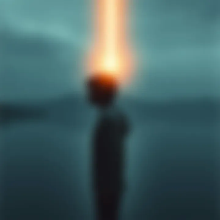 A person standing in a serene environment, looking contemplative with subtle sound waves around their head and a gentle pull of light toward them.