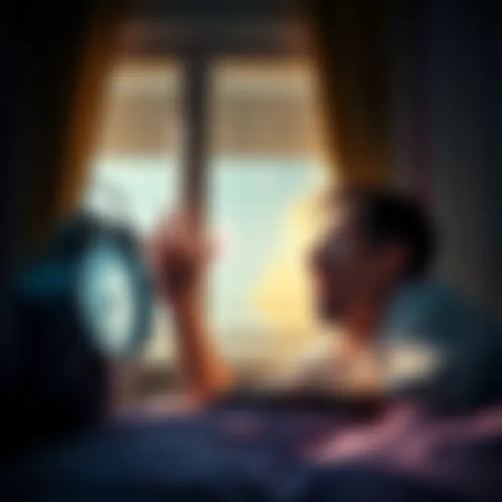 Whistle Alarm Clock A person waking up surprised by a loud whistle from an alarm clock at 5:30 AM, light coming through the window