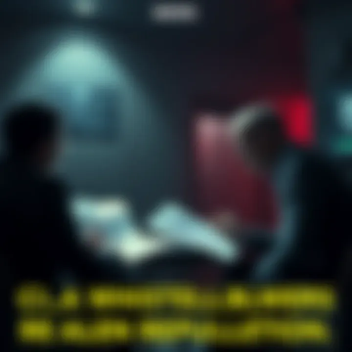 A CIA whistleblower sharing information about alien propulsion technology in a dimly lit room with documents and diagrams visible