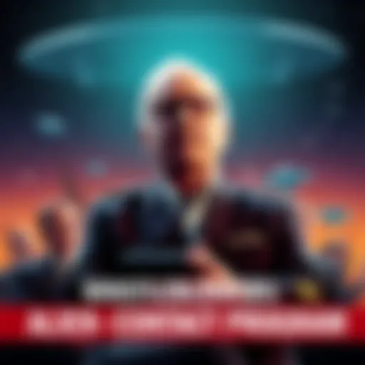 A former NSA official discussing government secrets about alien communications with a backdrop of stars and a UFO illustration