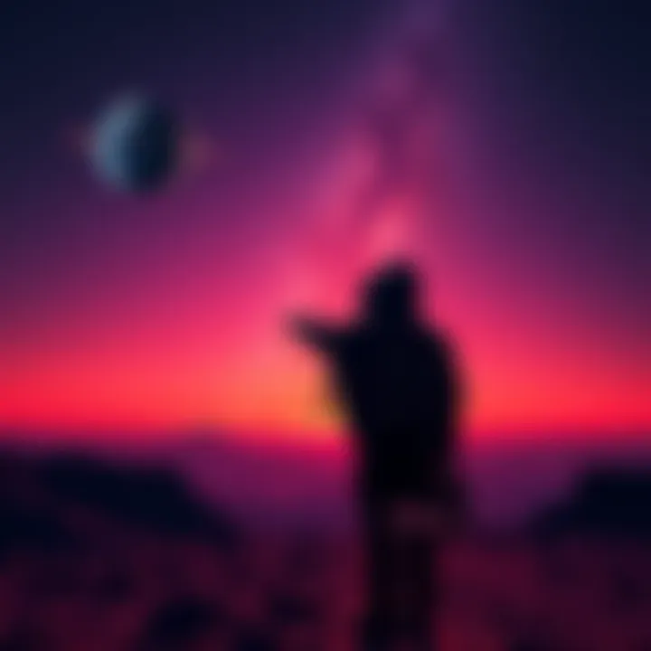 A figure labeled 'Rhea' stands under a starry sky, pointing towards a distant planet, symbolizing alien observation and a hidden human community.