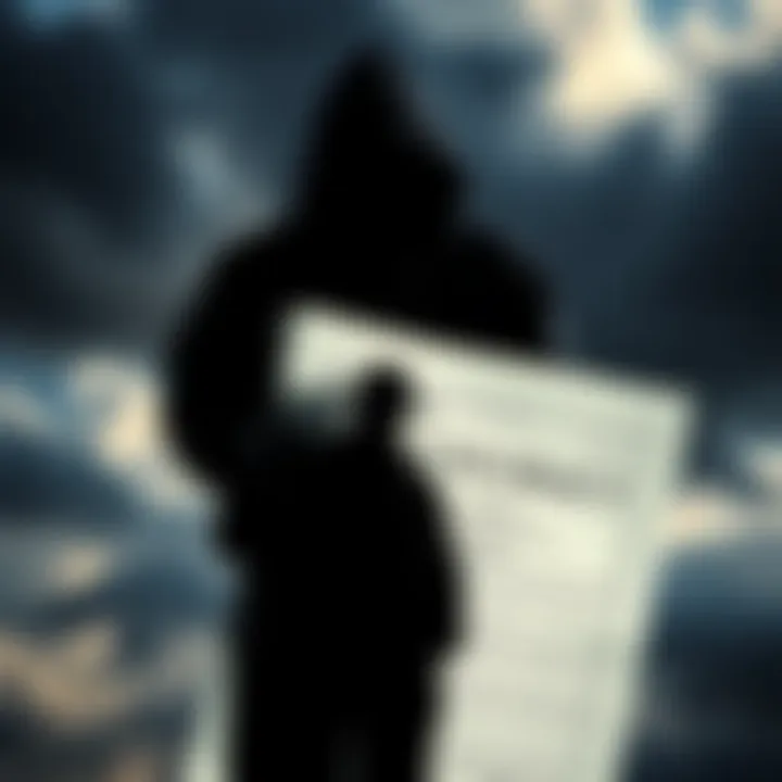 A shadowy figure representing a whistleblower stands in front of a military contract document with dark clouds overhead, symbolizing controversy and hidden truths.