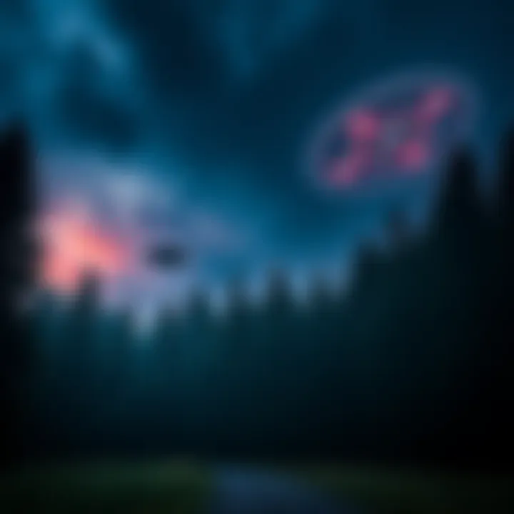 Whistleblower Visualization A dark forest with faint outlines of flying objects in the sky, symbolizing unknown extraterrestrial presence.