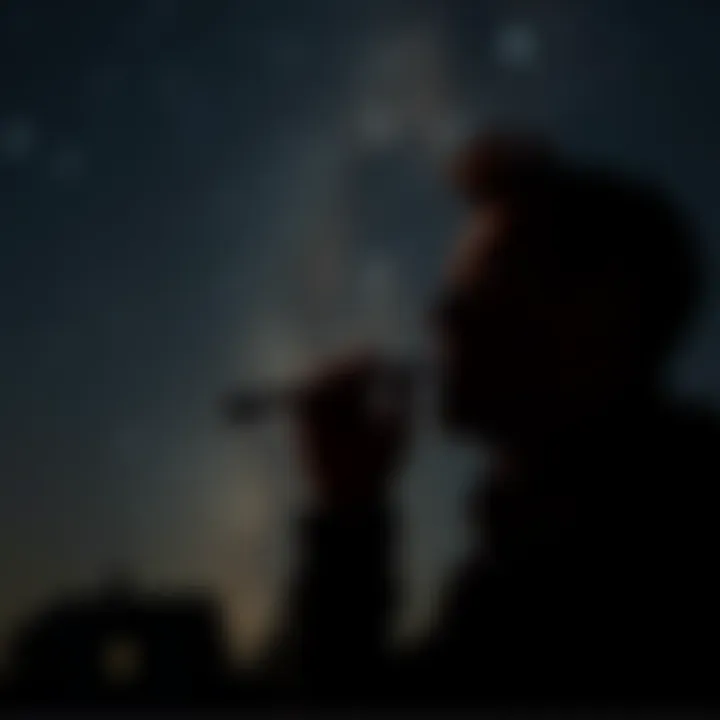 A silhouette of a person whistling in a dark environment under a starry sky, with a cautious expression.