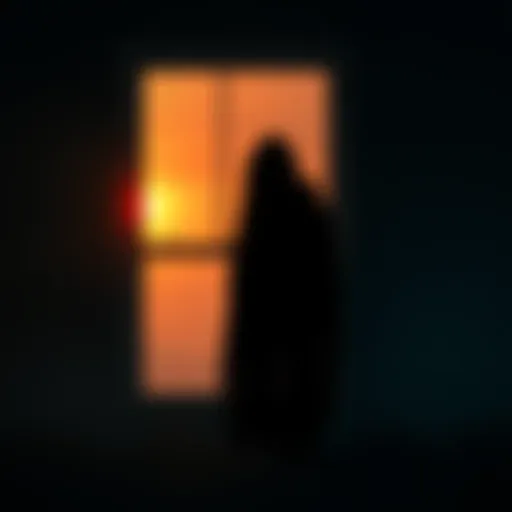 A shadowy figure gazes out a window in Lucky Fields, while an eerie whistling fills the air, creating a tense atmosphere.