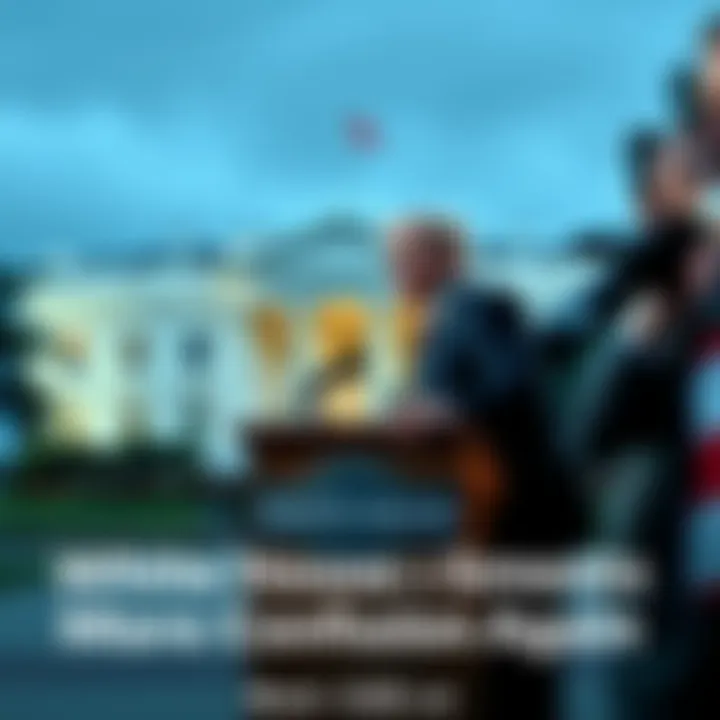 A representative at a podium in front of the White House, looking puzzled as reporters raise questions.