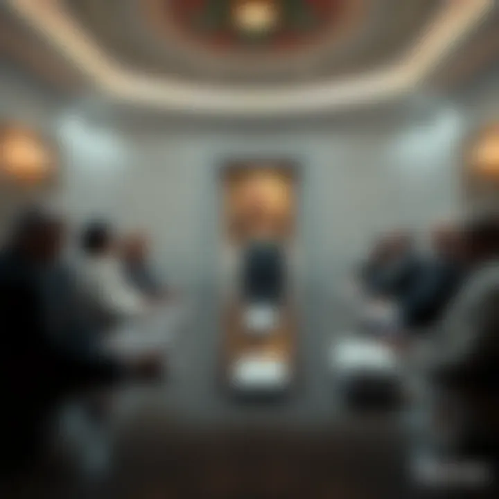 A group of diverse spiritual leaders gathered in a White House meeting room, discussing the communication of extraterrestrial life to the public.