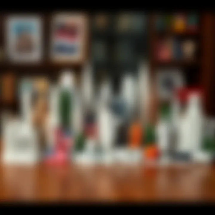 A collection of symbols representing aspects of White American culture, including iconic landmarks and traditions, displayed on a wooden table.