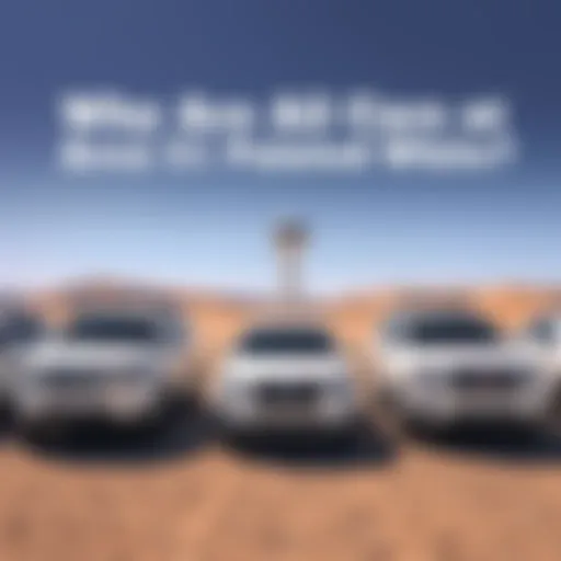 A row of white vehicles parked at Area 51 against a desert backdrop