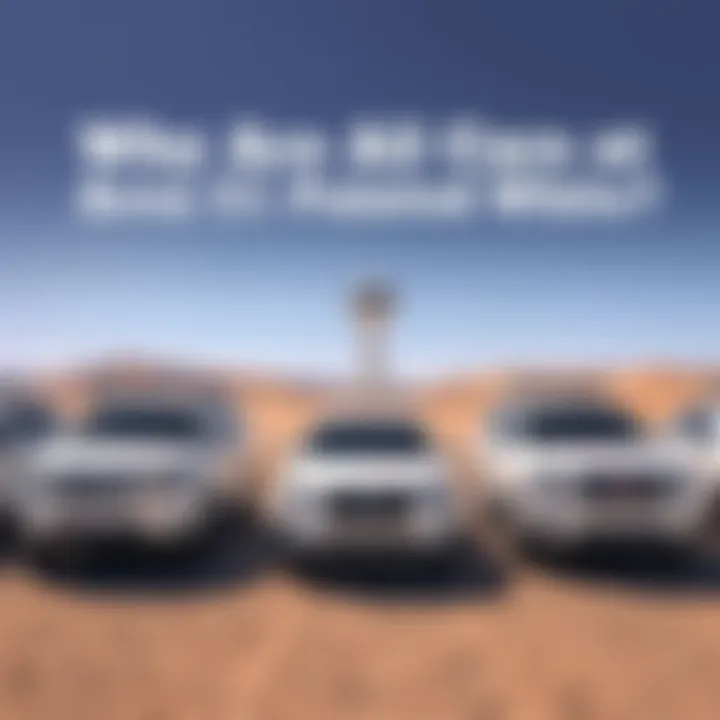 A row of white vehicles parked at Area 51 against a desert backdrop