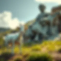 A small, goat-like white creature stands near a newly discovered statue in a grassy area