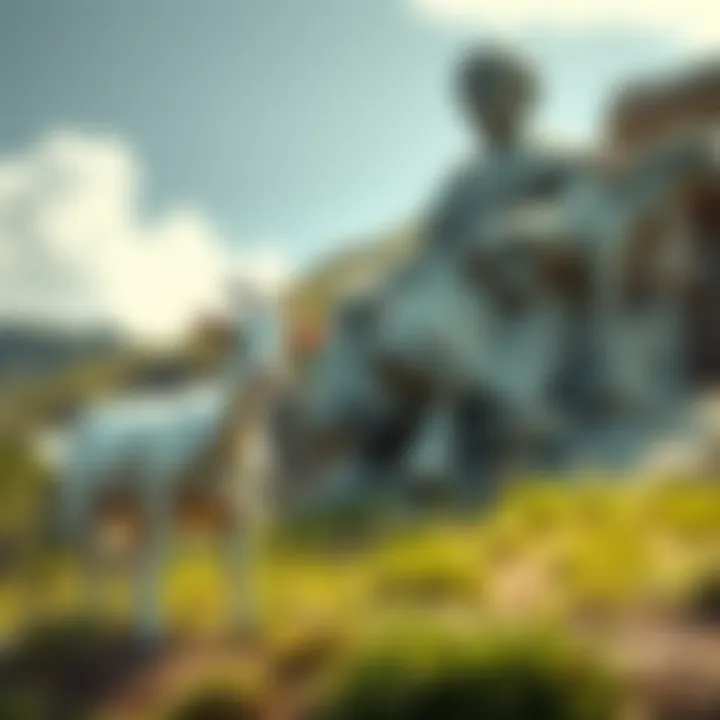 A small, goat-like white creature stands near a newly discovered statue in a grassy area