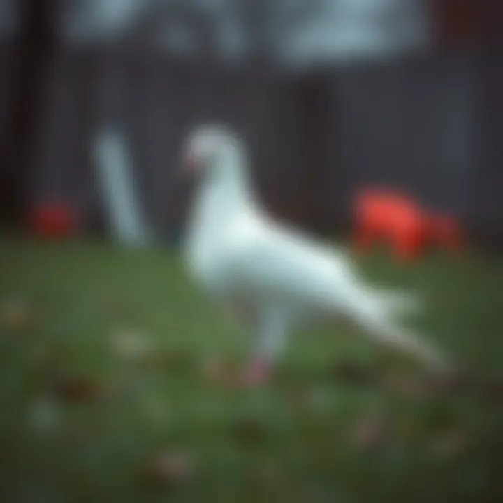 White Dove in Yard A rare white dove standing on grass in a yard, symbolizing a sign from Aphrodite after a prayer.