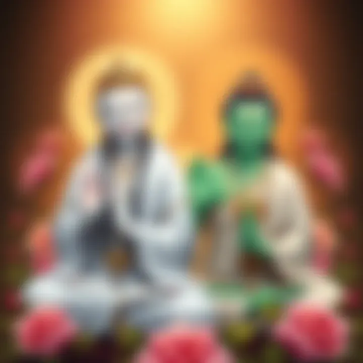 An illustration showing White Tara and Green Tara side by side, each with distinct attributes symbolizing compassion, surrounded by floral decorations.