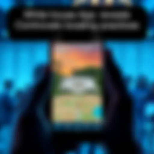 A smartphone displaying the White House app with a map showing frequent location updates, surrounded by concerned people discussing privacy issues.