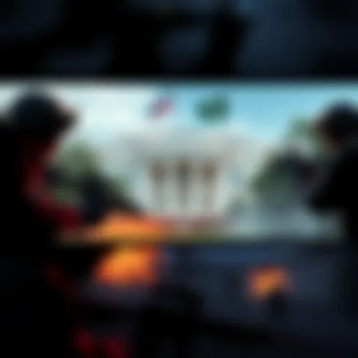 A graphic showing war scenes presented in a video game style, featuring military figures and digital graphics, highlighting the contrast between reality and gamified violence.