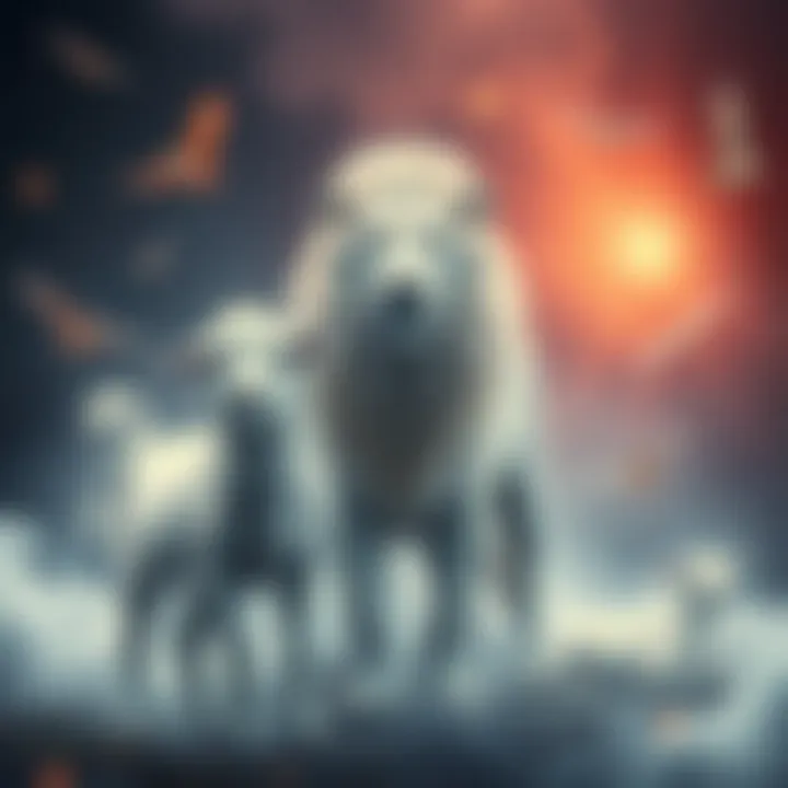 A white lion standing beside a lamb in a dream-like environment, surrounded by unique shape-shifting animals.