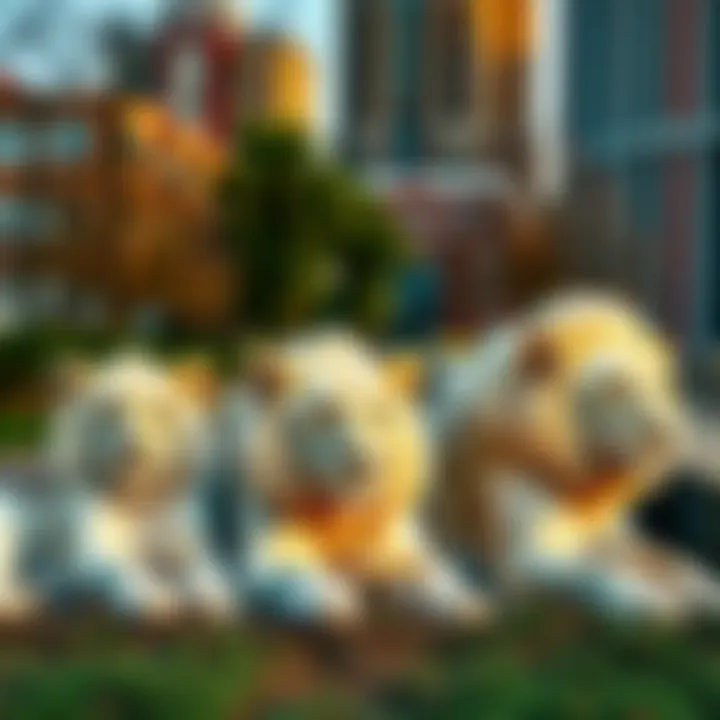 A pride of white lions with golden-brown eyes resting in a city park, showcasing a peaceful atmosphere.