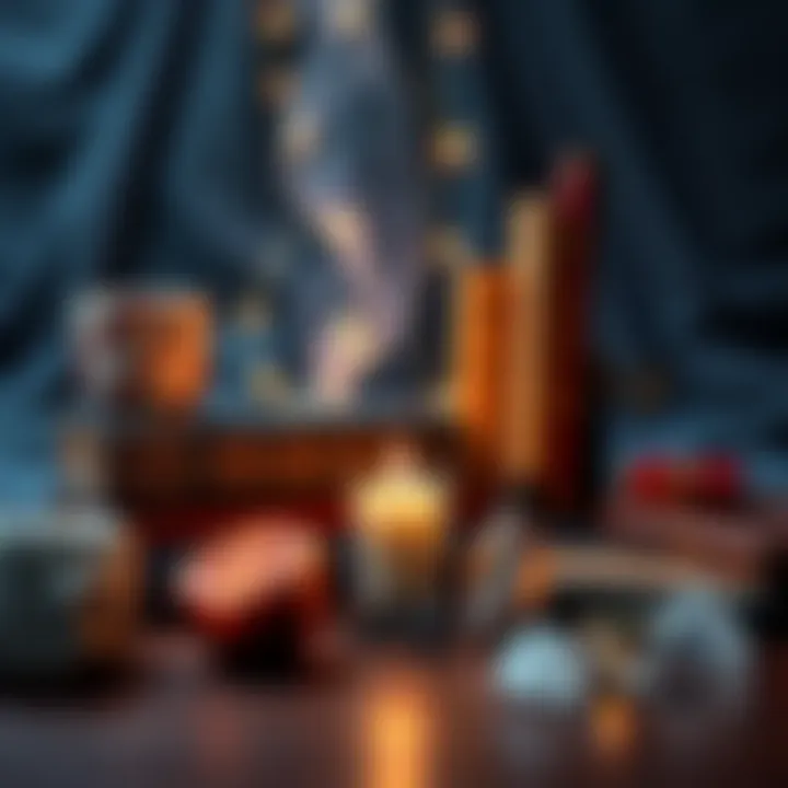 A collection of books, a candle, and crystals for beginners in white magick