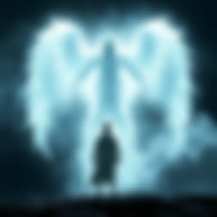 A dreamer stands before a glowing white figure, shrouded in a soft light, conveying a sense of connection and unease.