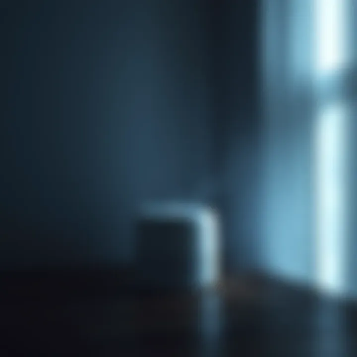 A white noise machine emitting sound waves in a dimly lit room, with shadows creating an eerie atmosphere