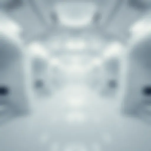 A bright, all-white room filled with futuristic pods, suggesting a dreamlike atmosphere.
