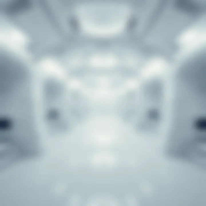 A bright, all-white room filled with futuristic pods, suggesting a dreamlike atmosphere.