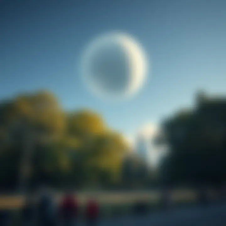 A small white sphere hovering in the sky above Brockwell Park, with trees and people below watching it.