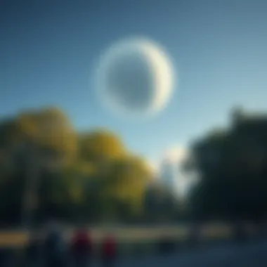 White Sphere Over Brockwell Park A small white sphere hovering in the sky above Brockwell Park, with trees and people below watching it.