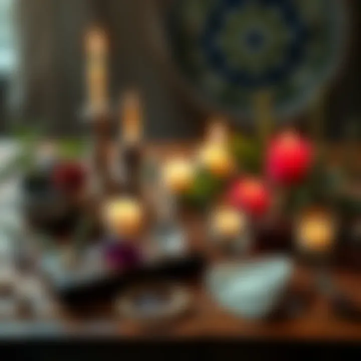 An arrangement of candles, crystals, and herbs for Wicca rituals on a wooden table