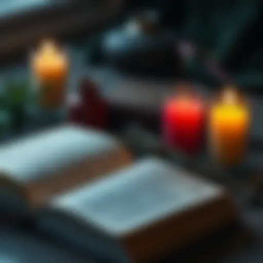 A Wicca book opened next to candles and herbs, symbolizing witchcraft exploration.