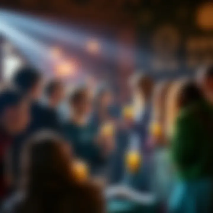 A diverse group of people participating in a Wicca meeting, engaging in rituals and discussions.