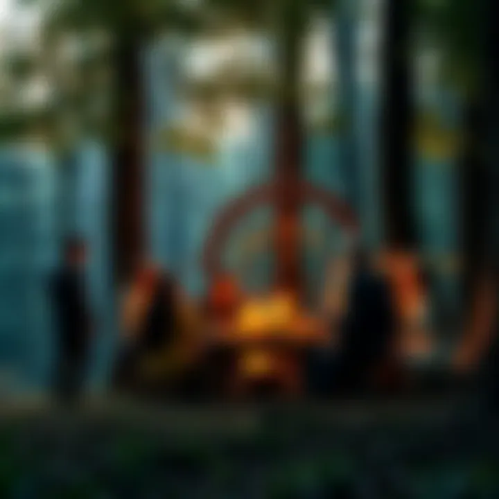 A group of people in a forest gathering, sharing experiences about Wicca, with nature around them.