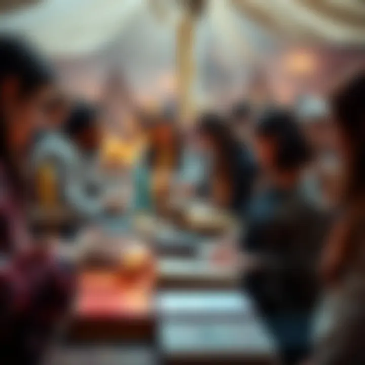 A community gathering with people sharing books and resources about Wicca, focusing on altars and rituals.