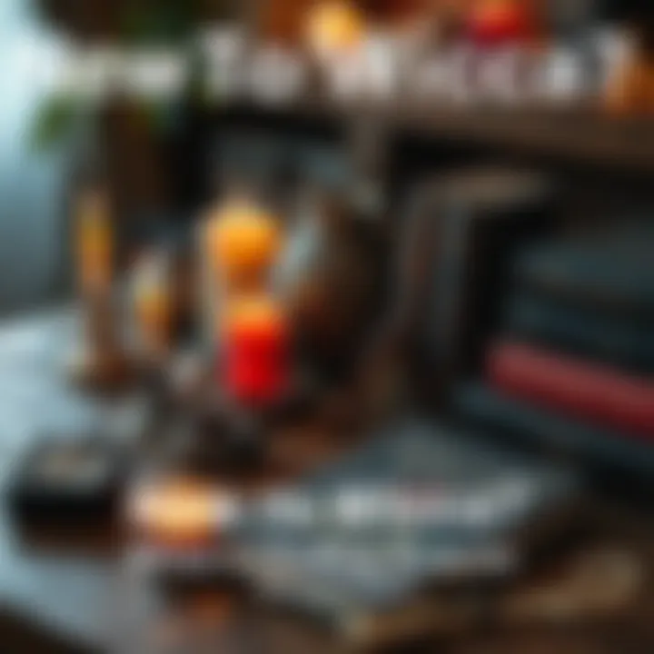 Wicca supplies and books A collection of Wicca supplies, including candles, crystals, and books on Eclectic Wicca, arranged on a wooden table