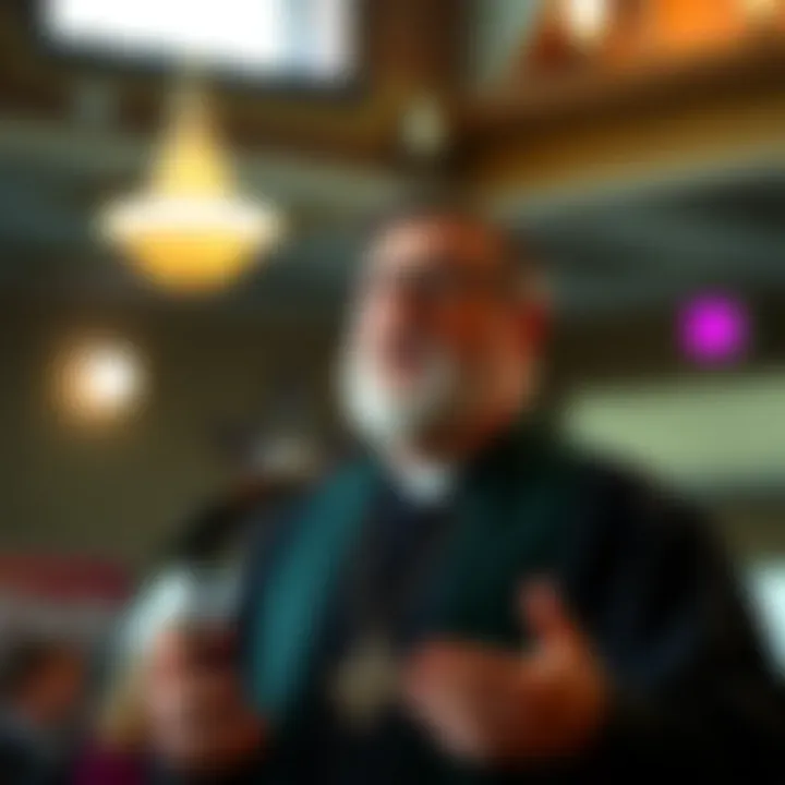 Reverend Patrick McCollum speaking at a community event about peace and spirituality.