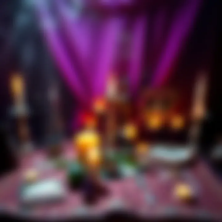 A Wiccan altar set up with candles, crystals, and herbs for a ritual ceremony