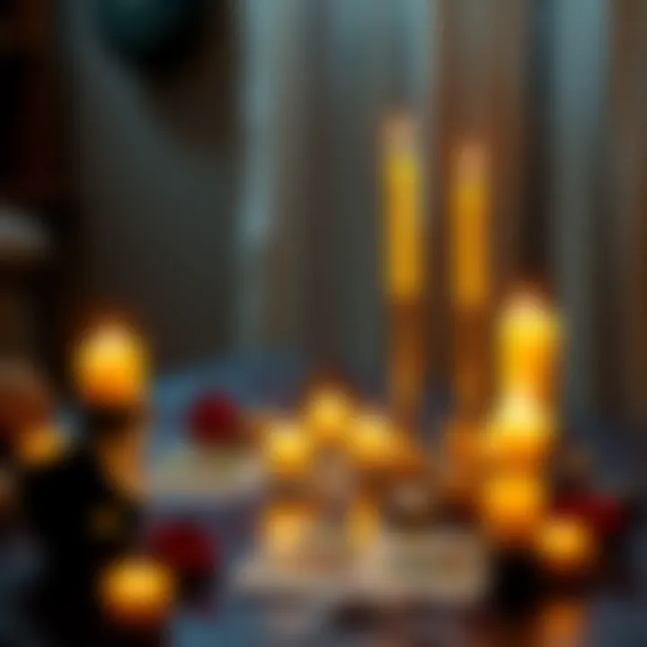 A peaceful Wiccan altar featuring candles, crystals, and tarot cards arranged for meditation